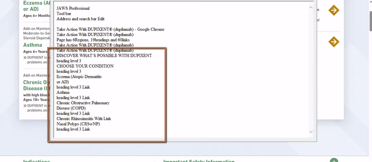 JAWS screen reader output on the Dupixent website showing all headings detected as heading level 3 with no H1 or H2 present, demonstrating a broken heading hierarchy.