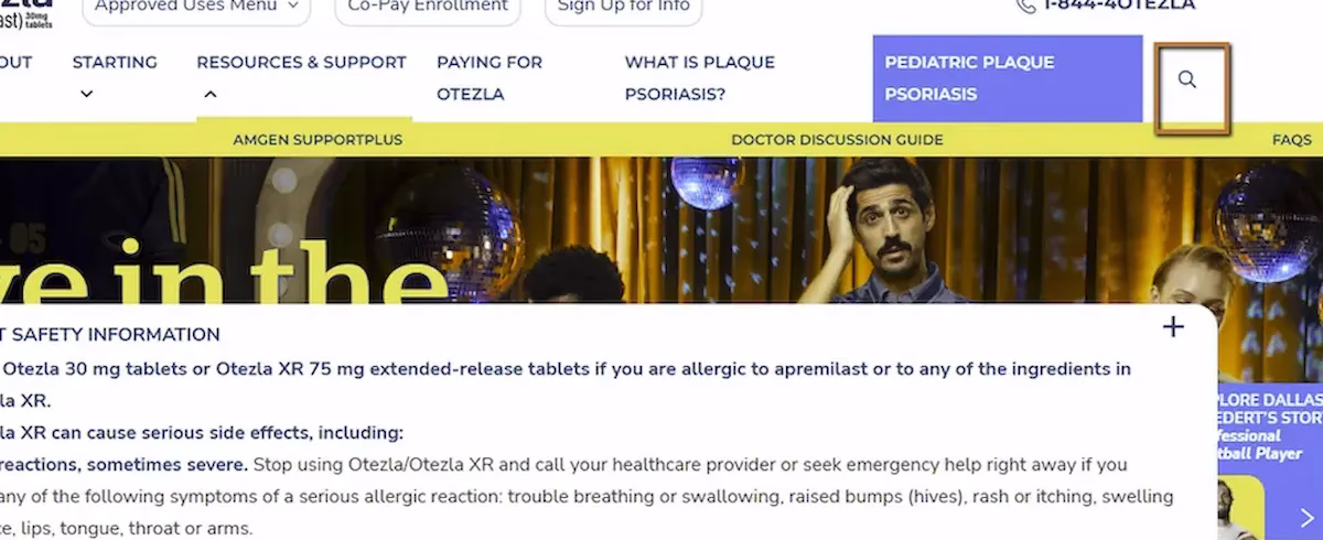 Otezla website header showing a search icon button highlighted in the navigation bar with no accessible name for screen reader users.
